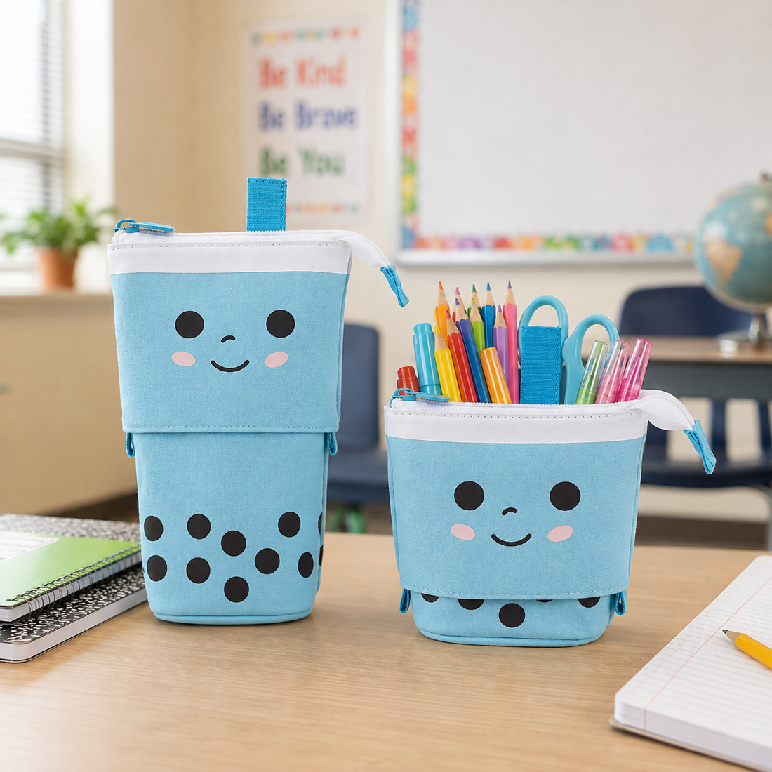 BobaPop Pencil Case in Blueberry Boba, popped up and slid down
