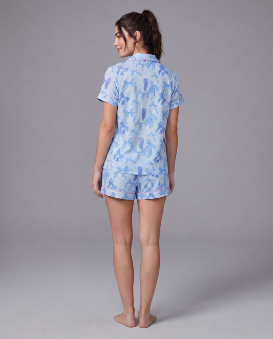 Blue pajama shorts with elastic waistband — matching ribbon-bow loungewear bottoms