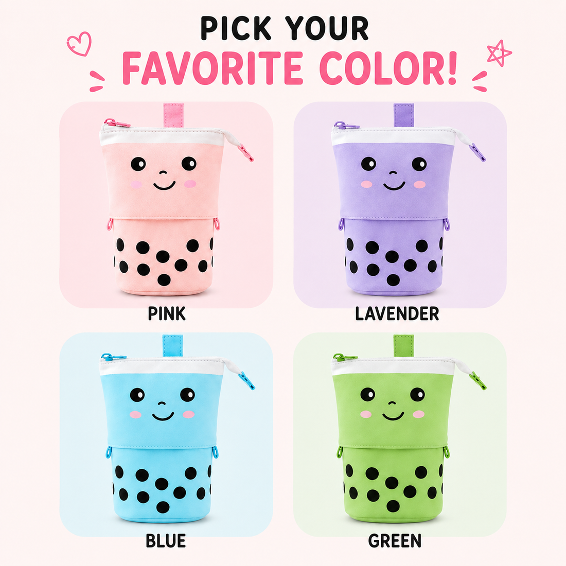 Pick your favorite color: pink, lavender, blue and green