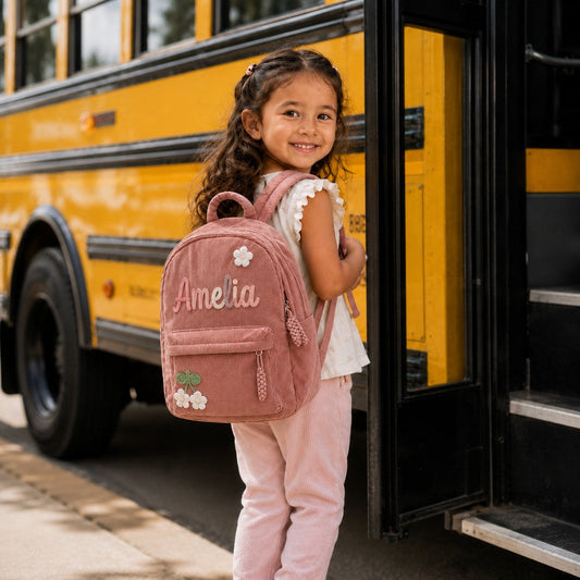 Girl boarding the school bus with a pink small backpack knitted with Amelia