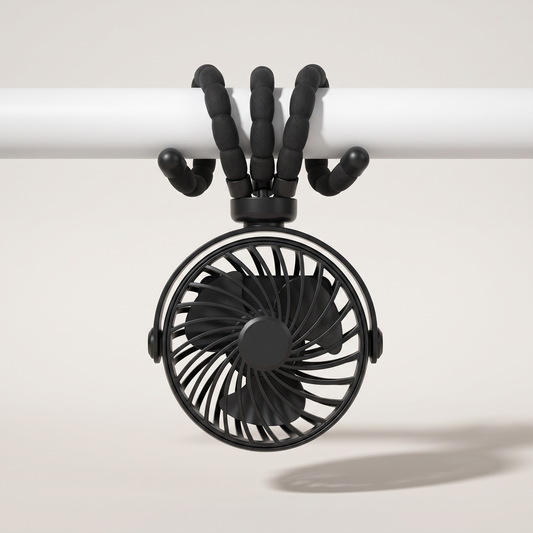 BreezyBuddy 360 Stroller Fan — Black, legs wrapped around stroller bar