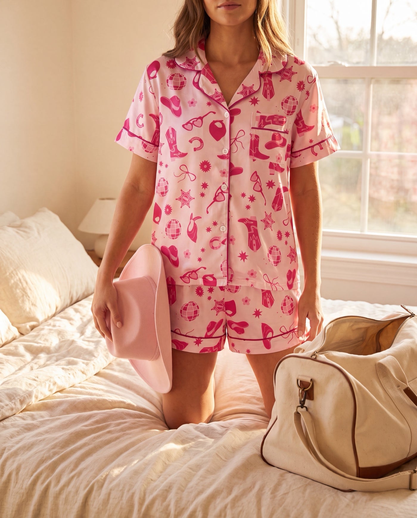 Bachelorette group in matching pink cowgirl pajamas
