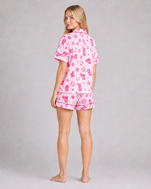 Pink Cowgirl PJ Set back view showing all over pink western print on satin short set