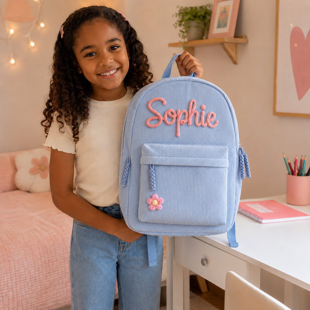 Girl holding a light blue medium corduroy backpack with Sophie knitted in pink wool