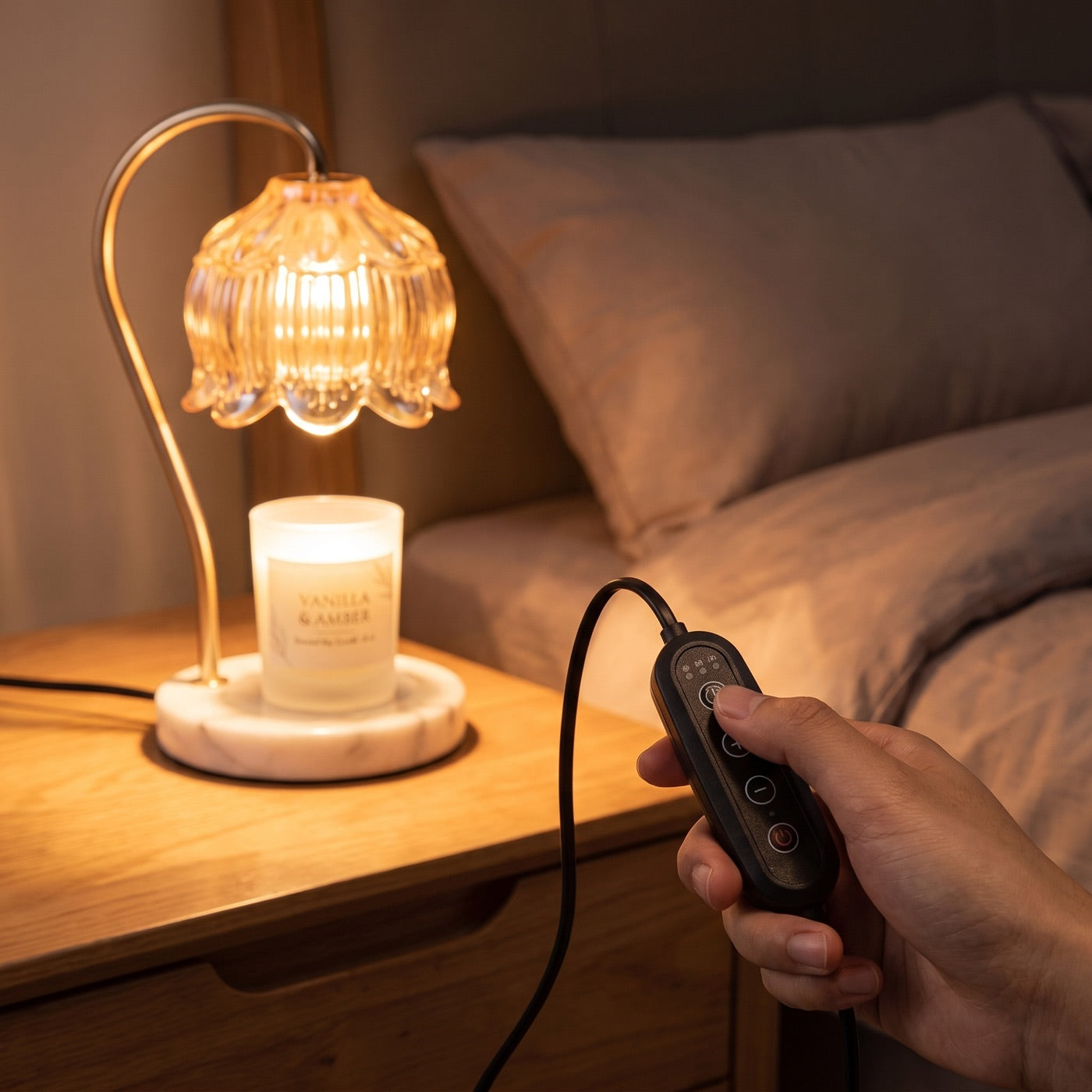 Hand setting the auto-off timer on the Marble Bloom cord controller at night
