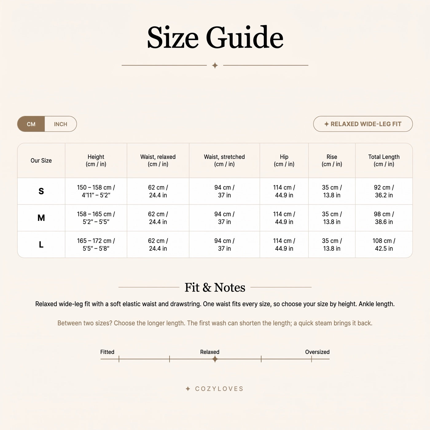 Solia Flow Loungewear size guide: S, M, L by height