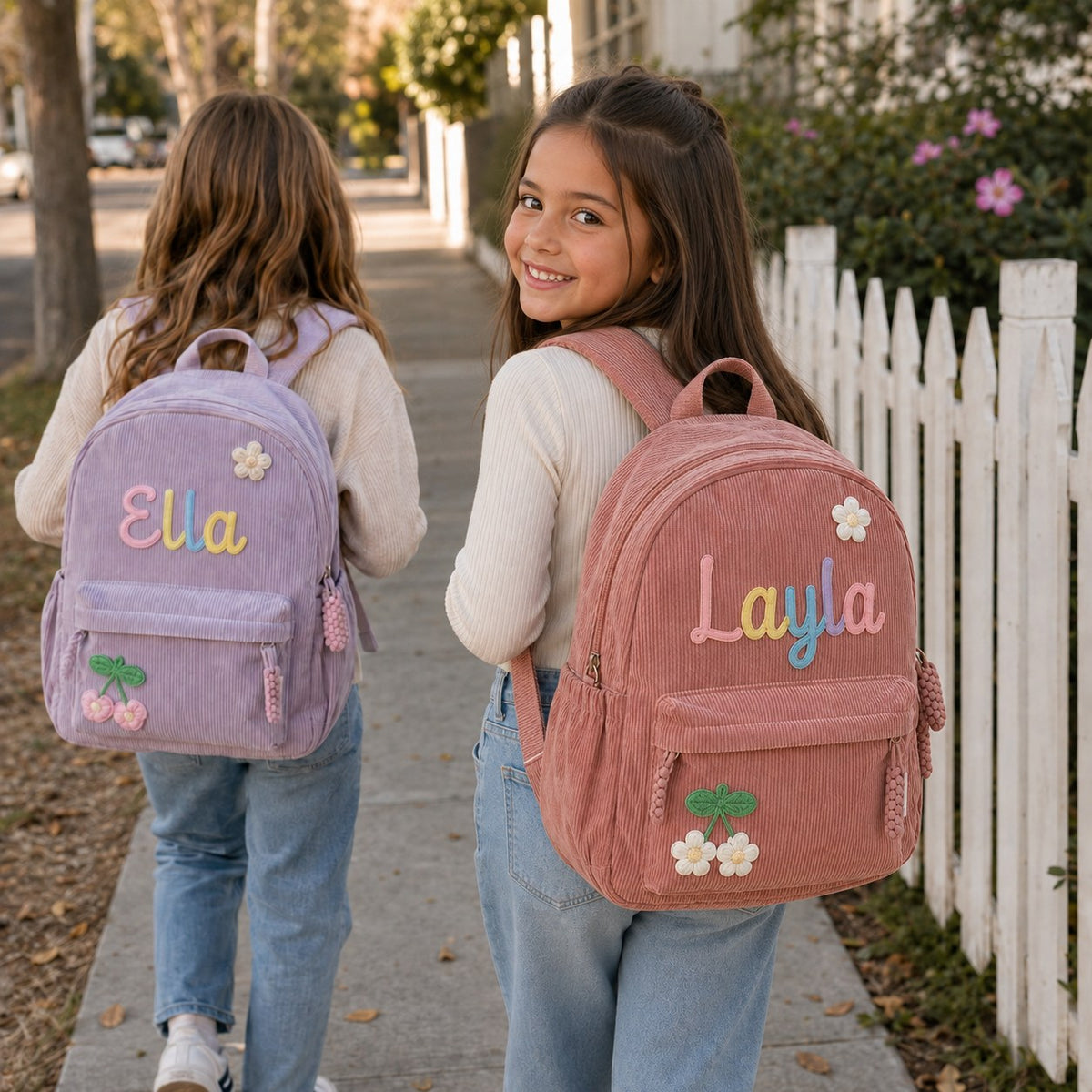 Two girls walking to school with personalized knitted name backpacks