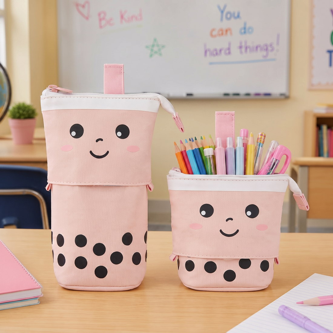 BobaPop Pencil Case in Strawberry Milk, shown popped up as a pen pot and slid down as a pencil case