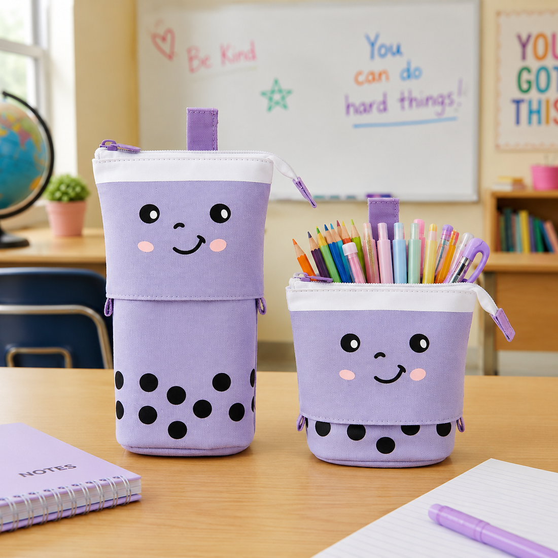 BobaPop Pencil Case in Taro Swirl, popped up and slid down