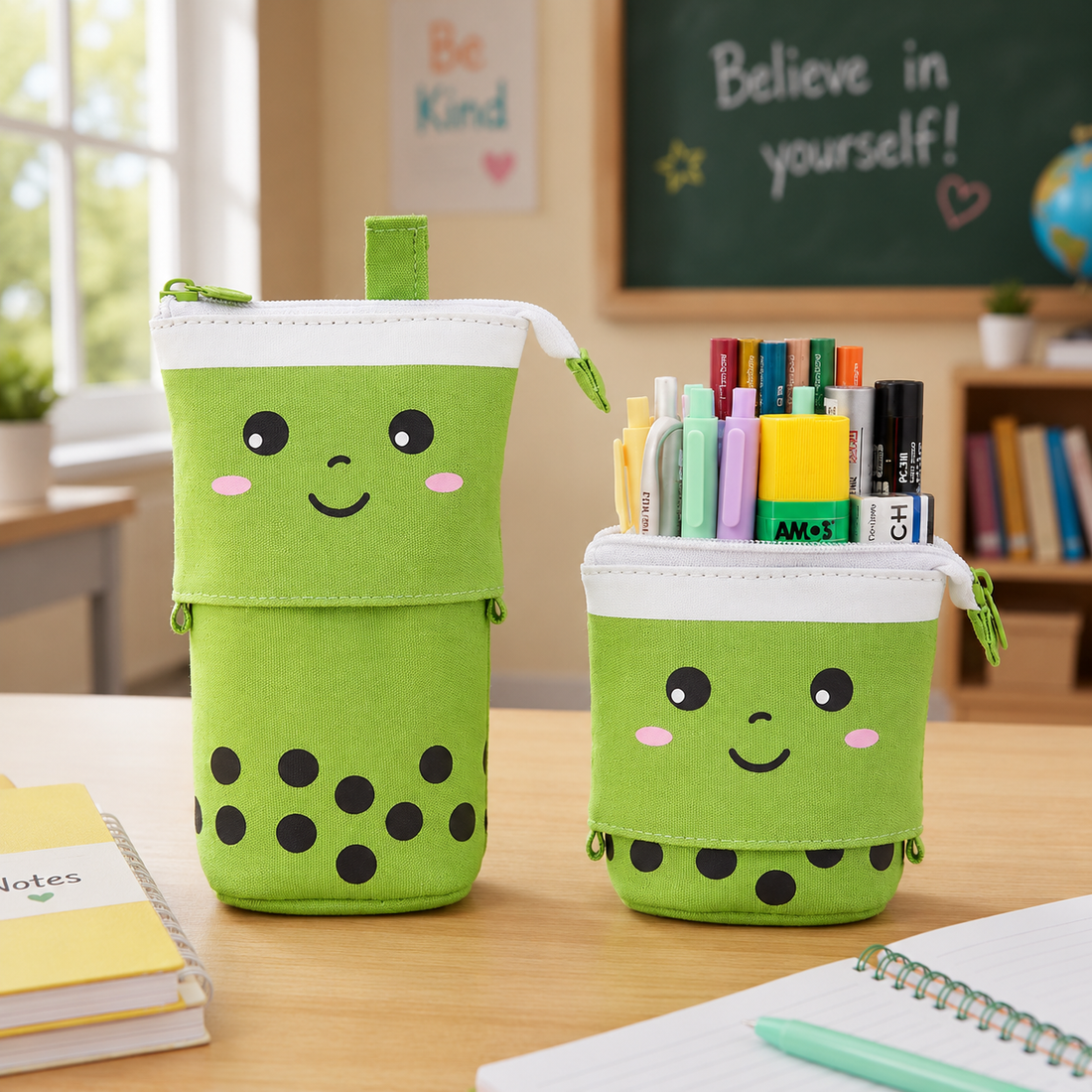 BobaPop Pencil Case in Matcha Latte, popped up and slid down