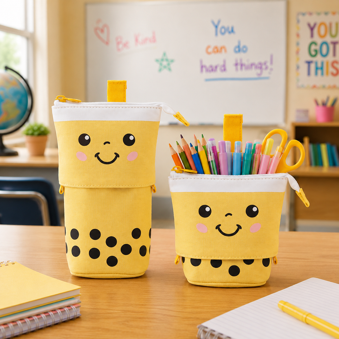 BobaPop Pencil Case in Mango Cream, popped up and slid down