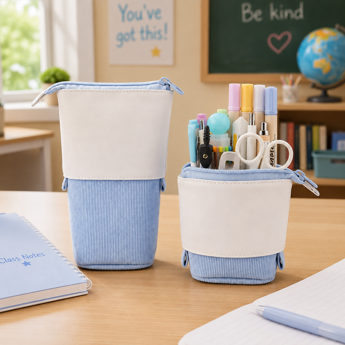 BobaPop Pencil Case in Cloud Blue Cord, cream and corduroy, popped up and slid down