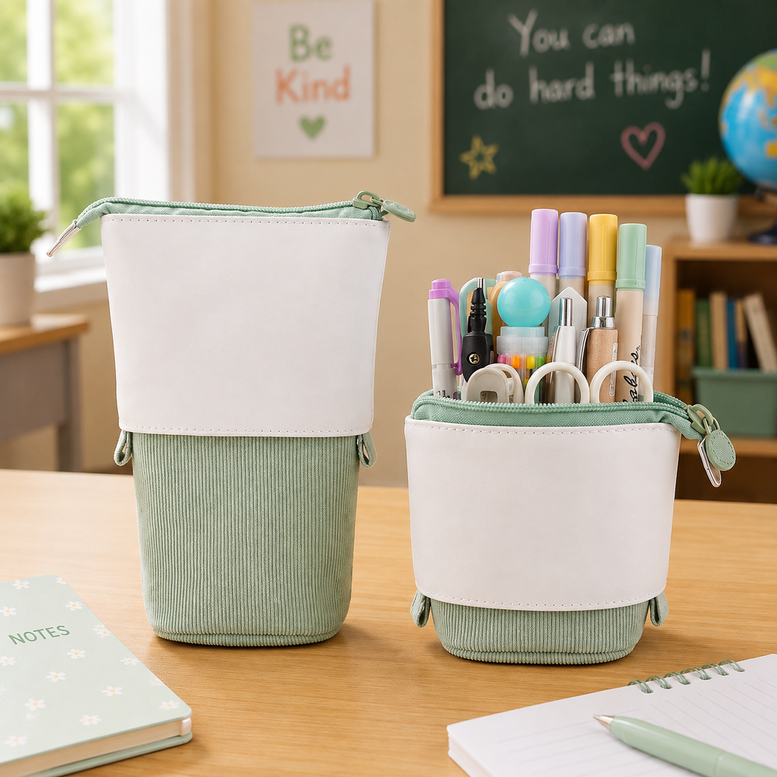 BobaPop Pencil Case in Sage Green Cord, cream and corduroy, popped up and slid down