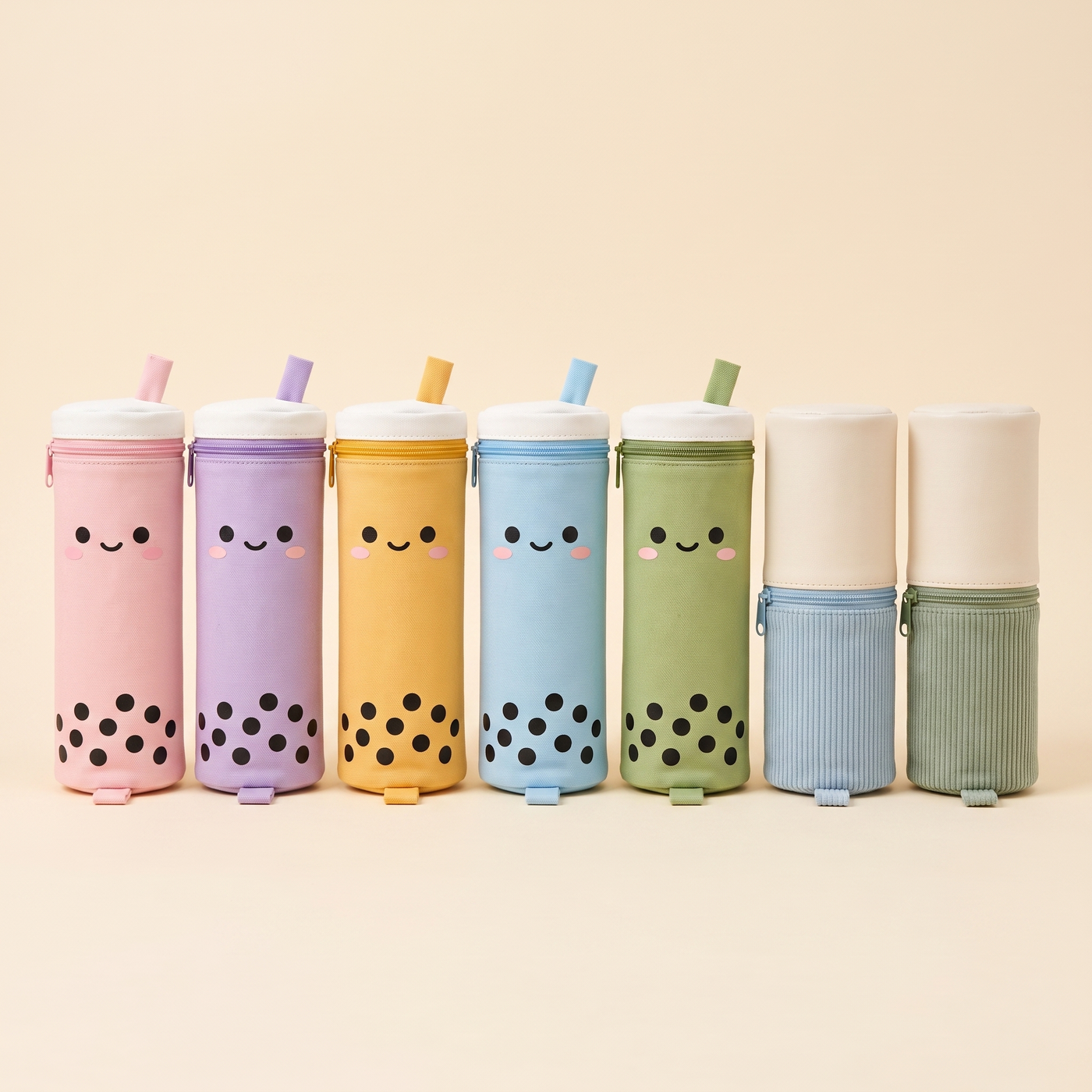 [s] All seven BobaPop Pencil Case colours lined up side by side