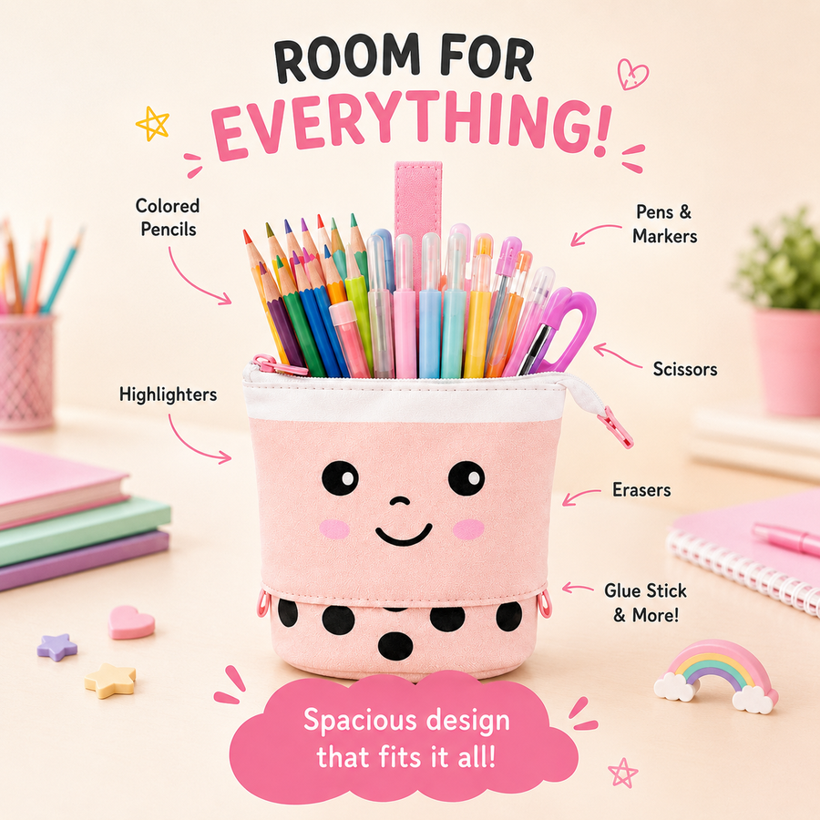 [s] Fits colored pencils, pens, markers, highlighters, scissors, erasers and a glue stick
