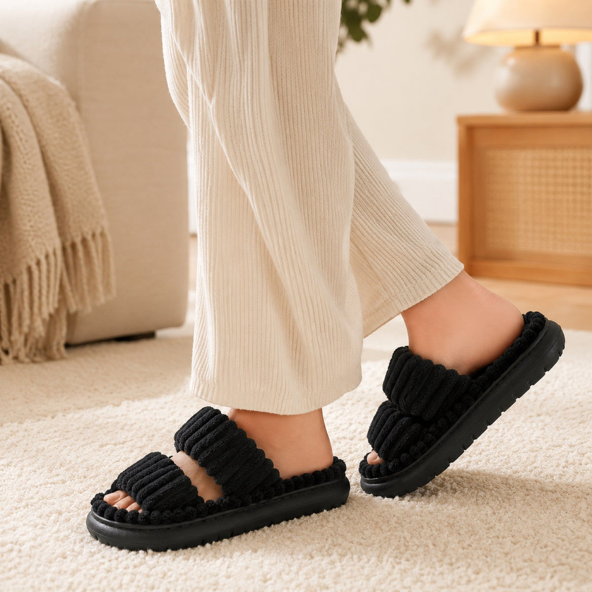 Black | worn in a cozy living room
