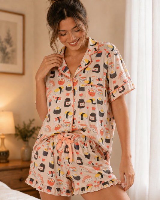 Woman at home in the silky soft sushi pajama set, showing the peach satin bow drawstring shorts