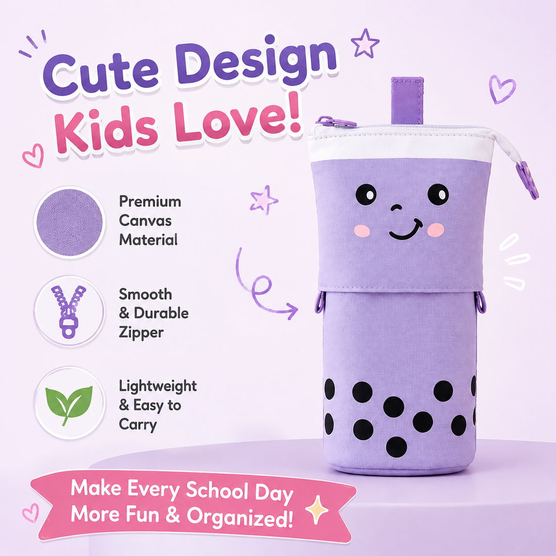 Cute design kids love: premium canvas, smooth durable zipper, lightweight and easy to carry