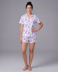 Purple pajama shorts with elastic waist — feminine lounge bottoms with bow print