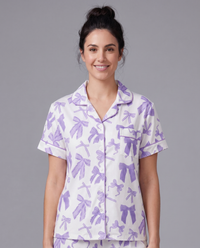Purple Ribbon Dreams set lifestyle shot — romantic loungewear for quiet mornings