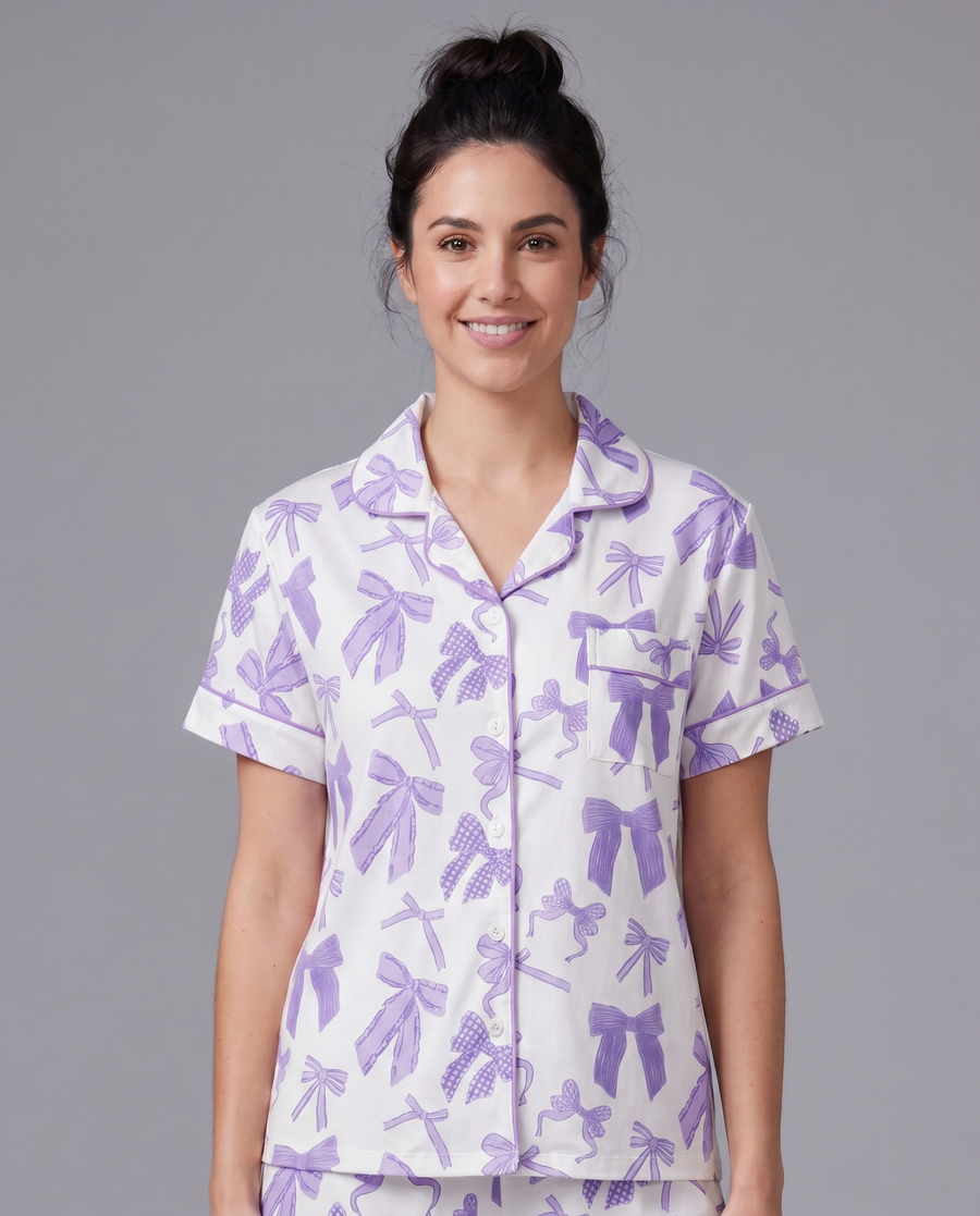 Purple Ribbon Dreams set lifestyle shot — romantic loungewear for quiet mornings