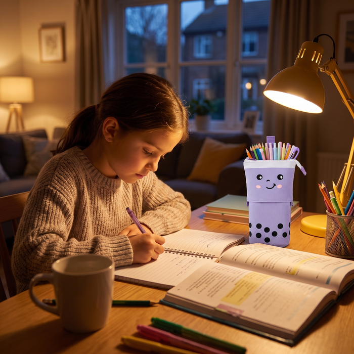 [s] A girl doing homework in the evening with her Taro Swirl BobaPop pencil case on the desk