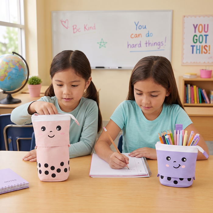 [s] Two girls at their classroom desk, one reaching into her BobaPop pencil case while the other writes