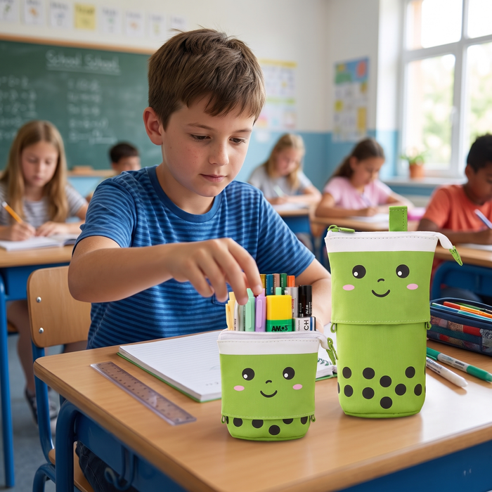 [s] A boy taking a marker from his Matcha Latte BobaPop pencil case, shown popped up and slid down