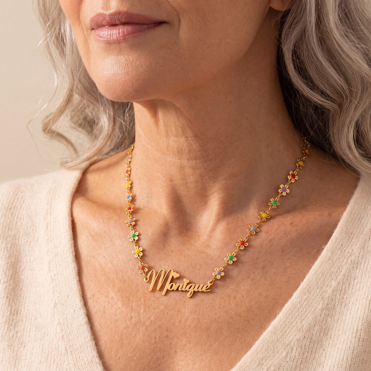 Gold | grandma wearing flower name necklace