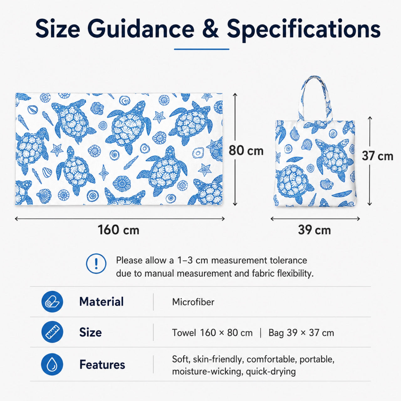 BeachBag Towel 2-in-1 size guidance: towel 160 x 80 cm, bag 39 x 37 cm