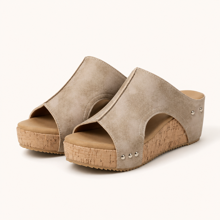 Beige Sienna Wedge Slip-Ons - open toe suede