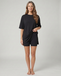 SoftFlow Lounge Set in black — matching oversized tee and high-waisted bike shorts loungewear set