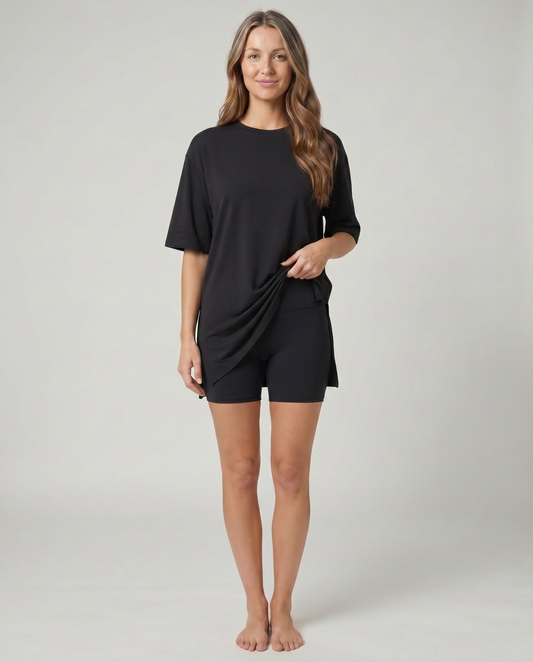 SoftFlow Lounge Set in black — matching oversized tee and high-waisted bike shorts loungewear set