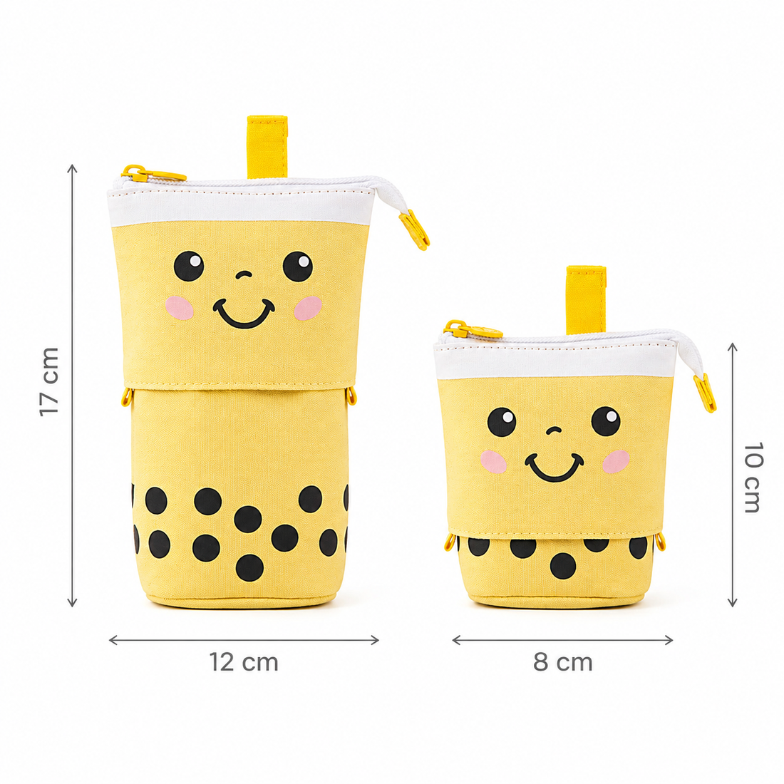 BobaPop size guide: 17cm tall and 12cm wide extended, 10cm tall and 8cm wide collapsed