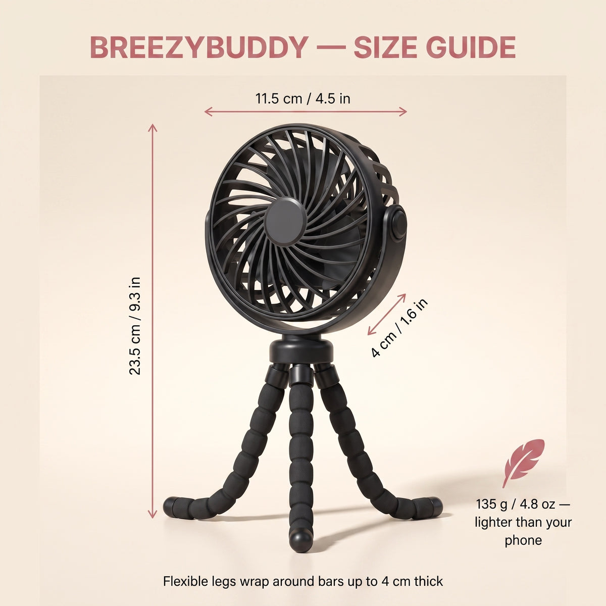 BreezyBuddy 360 Stroller Fan — Black, size guide: 23.5cm / 9.3in tall, 11.5cm fan head, 135g, legs wrap bars up to 4cm