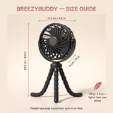 BreezyBuddy 360 Stroller Fan — Black, size guide: 23.5cm / 9.3in tall, 11.5cm fan head, 135g, legs wrap bars up to 4cm