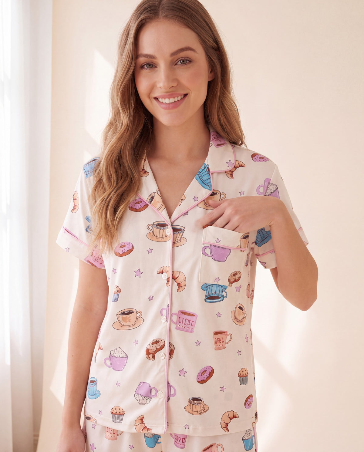 Close-up of the Cafe Cozy pajama shirt collar, piping and chest pocket