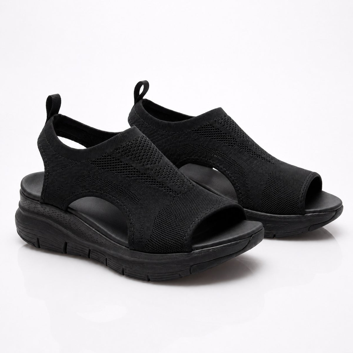 Cloudstep Comfort Sandal black — side studio view of knit upper and sole