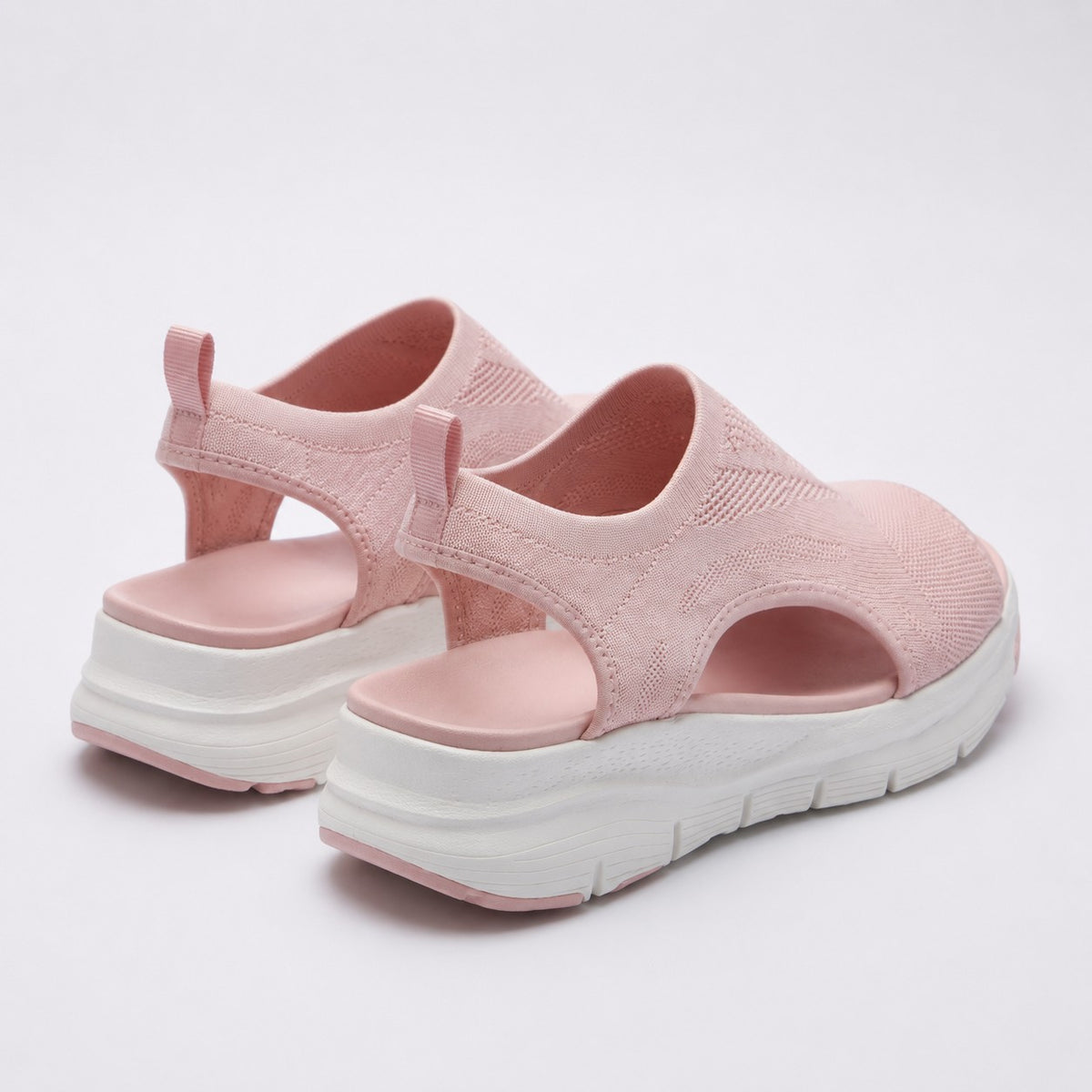 Cloudstep Comfort Sandal blush pink — back view of elastic slingback, heel pull-tab and platform sole