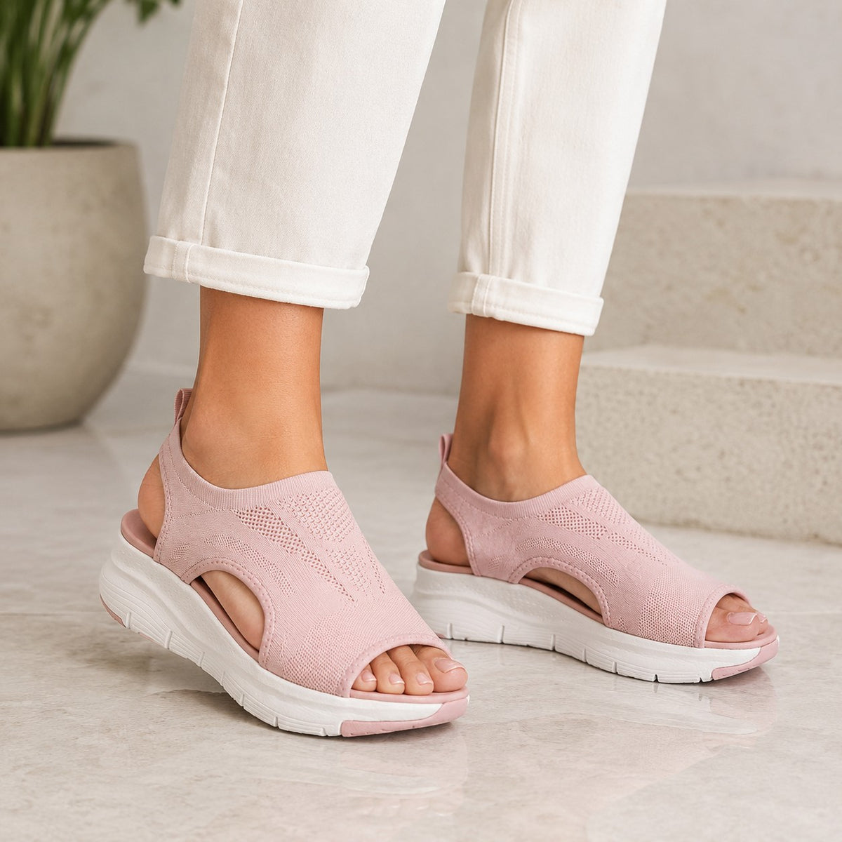 Cloudstep Comfort Sandal blush pink on feet with white jeans — everyday summer outfit