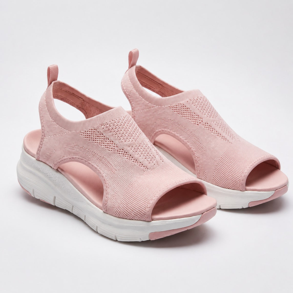 Cloudstep Comfort Sandal in blush pink — breathable airknit pair with white cushioned platform sole, studio view