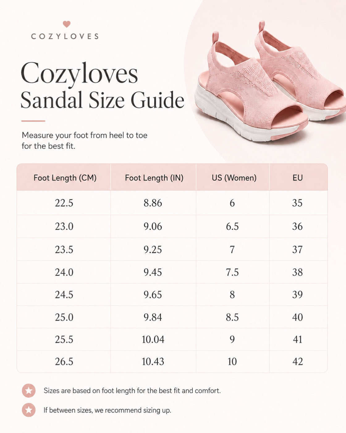 Cozyloves Sandal Size Guide — foot length to US and EU sizes
