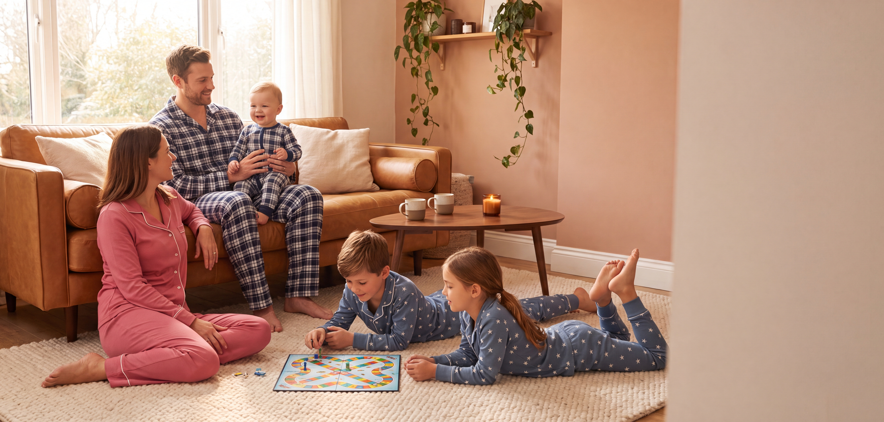 CozyLoves family in colorful pajamas playing a board game in a cozy living room
