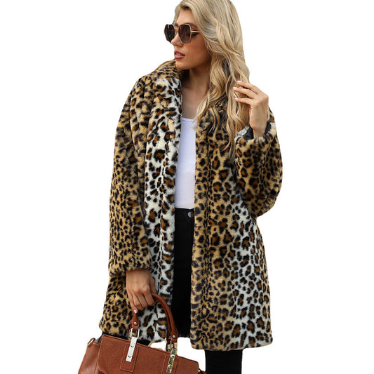 DZ0618 European and American foreign trade lady autumn winter NEW leopard print suit collar in the long imitation fur coat blouse female