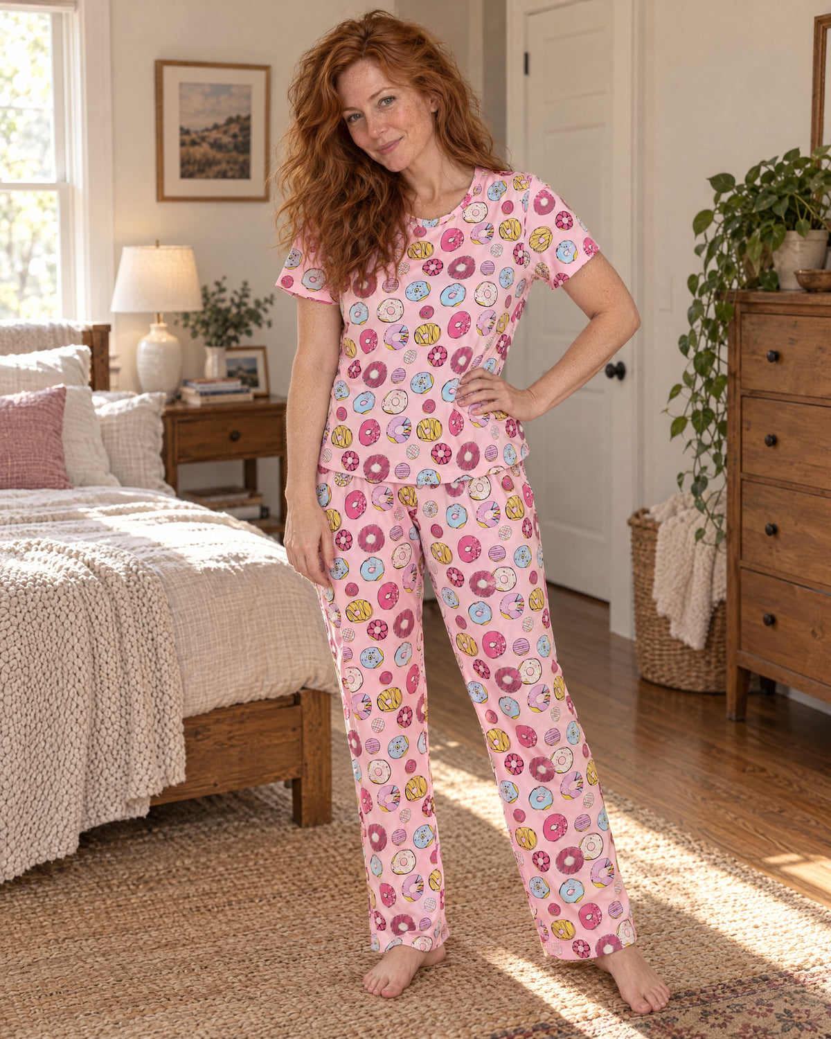 Donut Delight Pajama Set — standing in a cozy bedroom