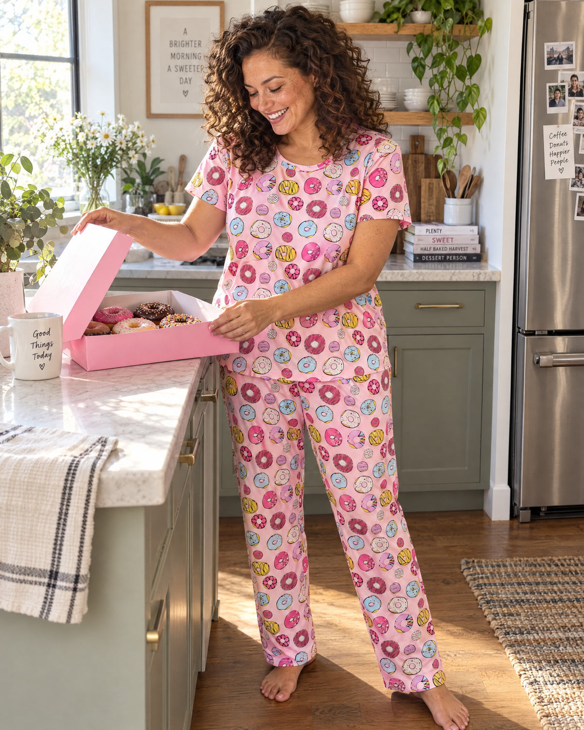 Donut Delight Pajama Set — opening a box of donuts in the kitchen