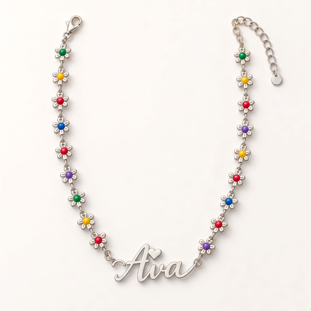 Flower Name Necklace in silver, name Ava, studio shot