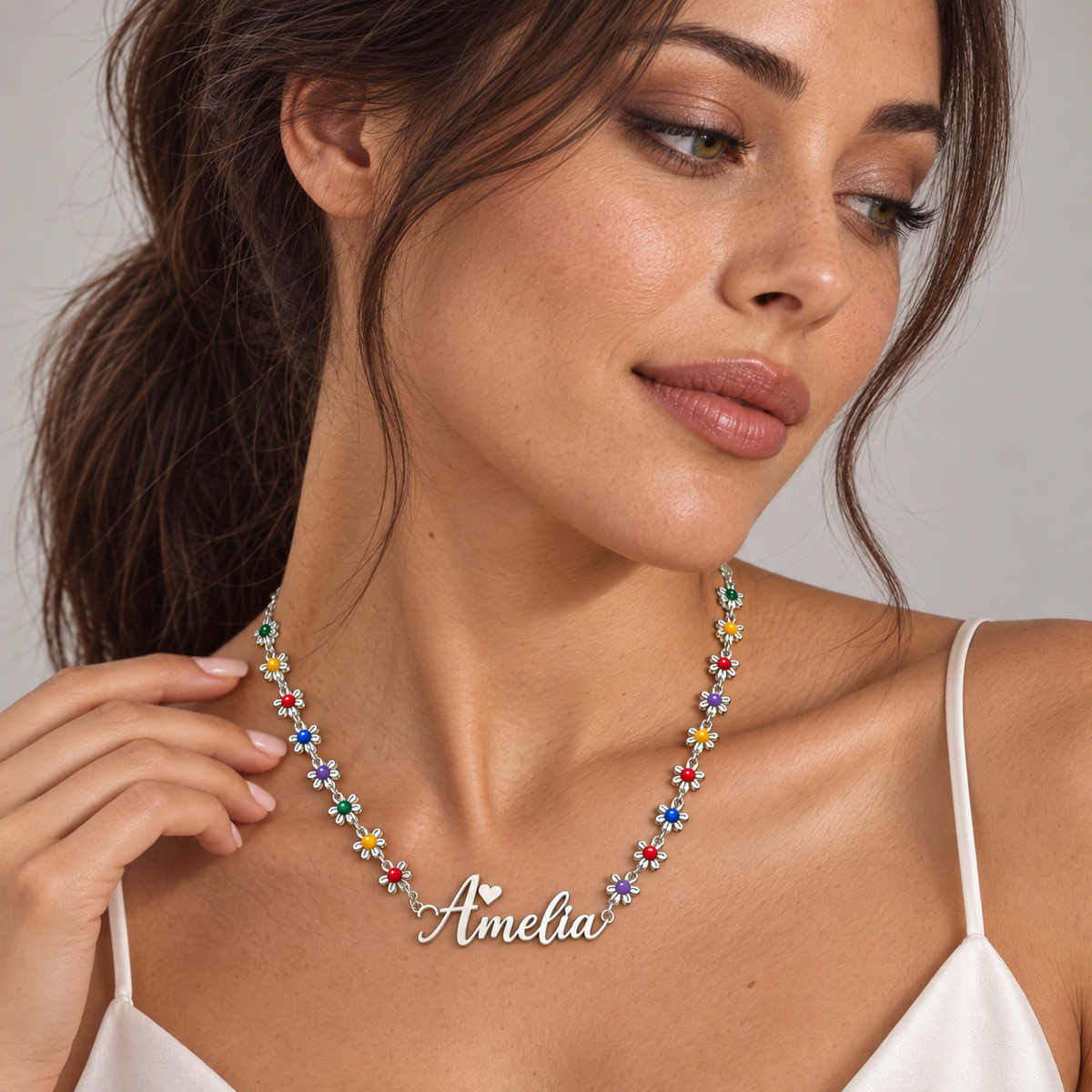 Flower Name Necklace in silver, name Amelia, worn