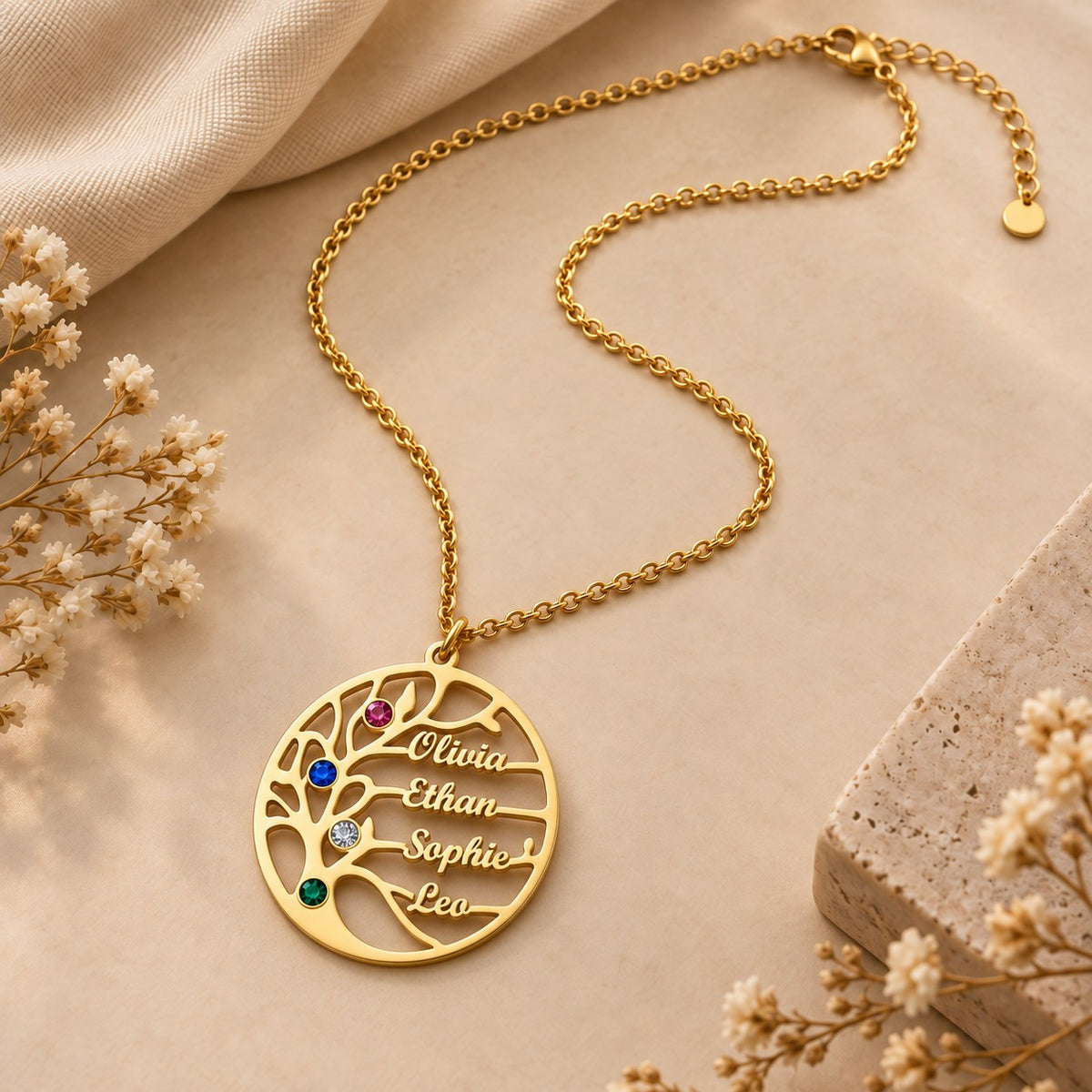 Gold | studio four name family tree necklace with birthstones