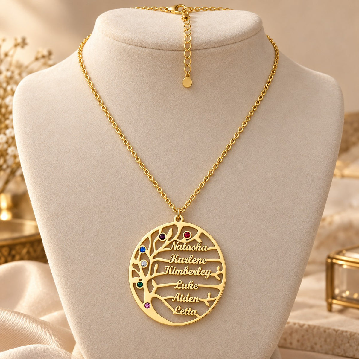 Gold | six name family tree necklace on display bust